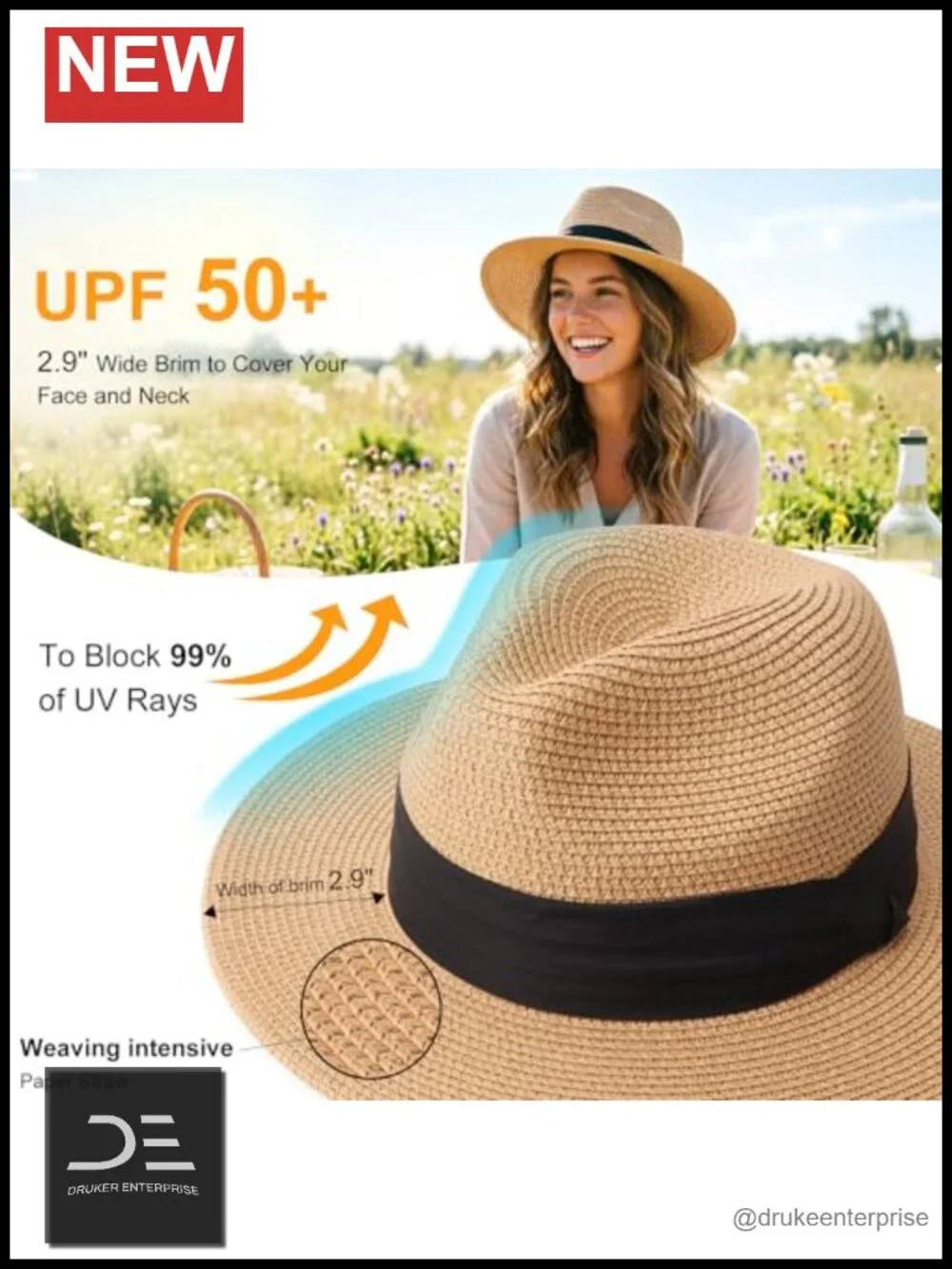 Women Straw Panama Fedora Hat UPF 50+ Sun Protection Roll Up